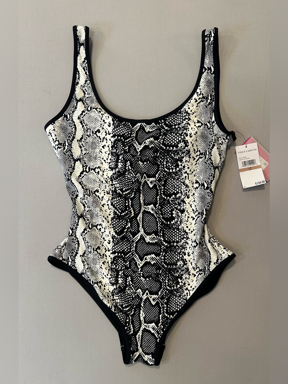 NWT Vince Camuto One Piece Black & White Snake Skin Swim Suit Size 12
